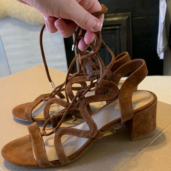 Saks Fifth Avenue Cognac Camel Brown Suede Lace Up Block Heel Sandals - 6.5 - Picture 9 of 16